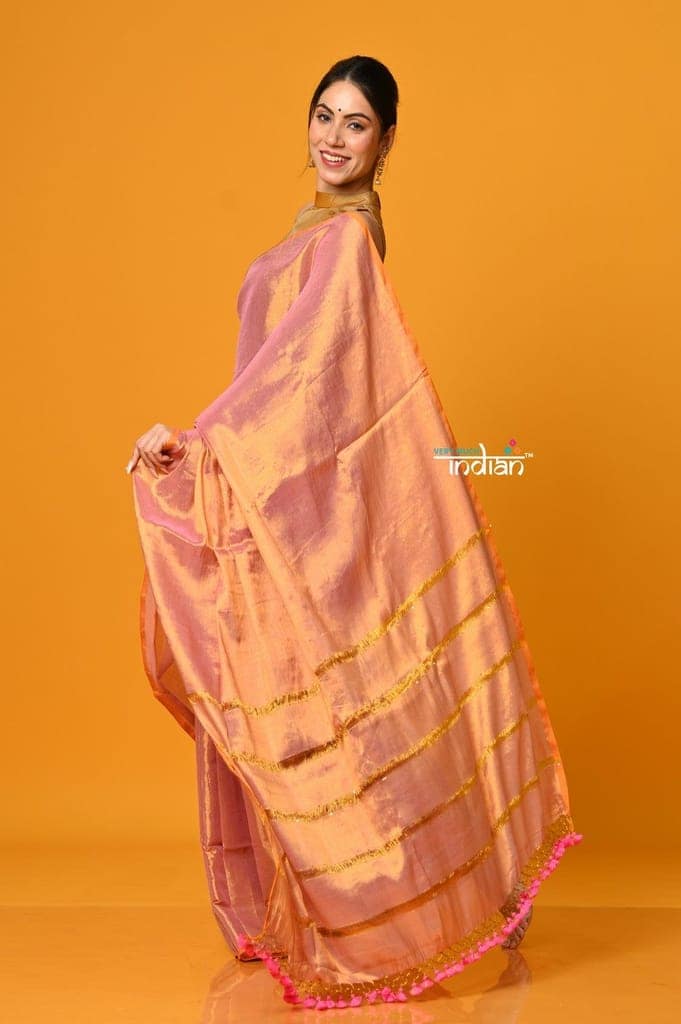 Param Sundari ~ Exclusive Handloom Pure Tissue Cotton Saree in Powder Pink Gold view 2