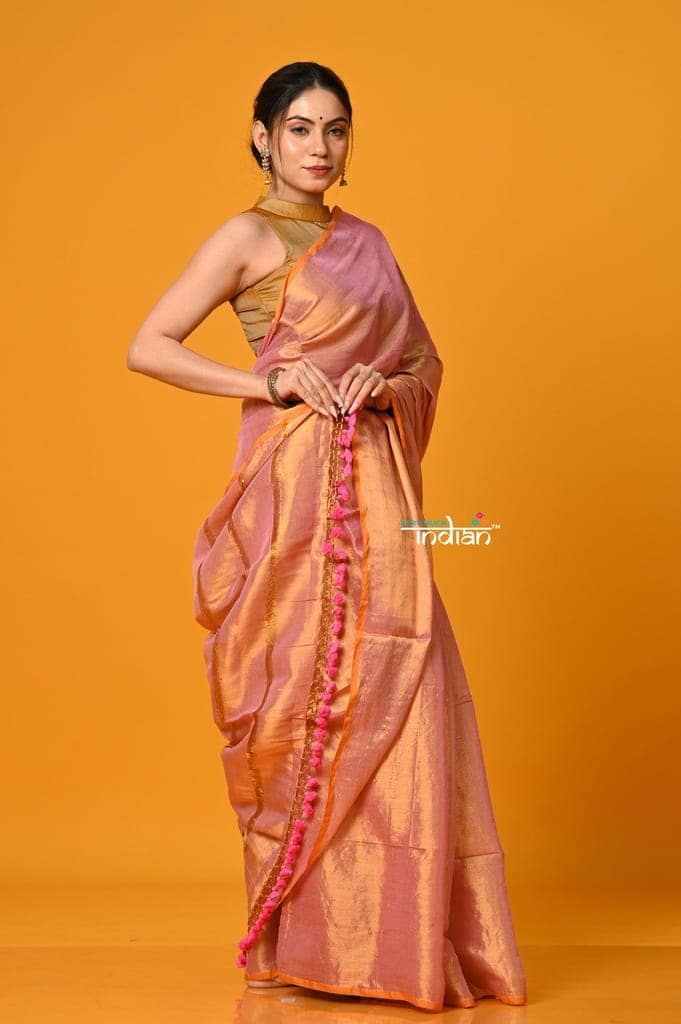 Param Sundari ~ Exclusive Handloom Pure Tissue Cotton Saree in Powder Pink Gold view 3