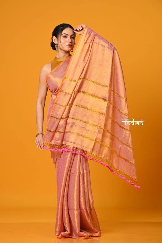 Param Sundari ~ Exclusive Handloom Pure Tissue Cotton Saree in Powder Pink Gold view 4
