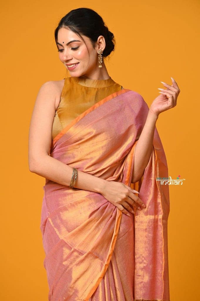 Param Sundari ~ Exclusive Handloom Pure Tissue Cotton Saree in Powder Pink Gold view 6