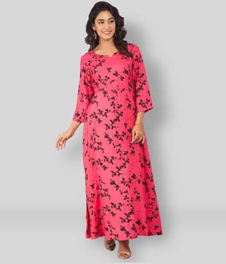 Frionkandy Women Rayon Printed Fit & Flare Dress ( Orange )