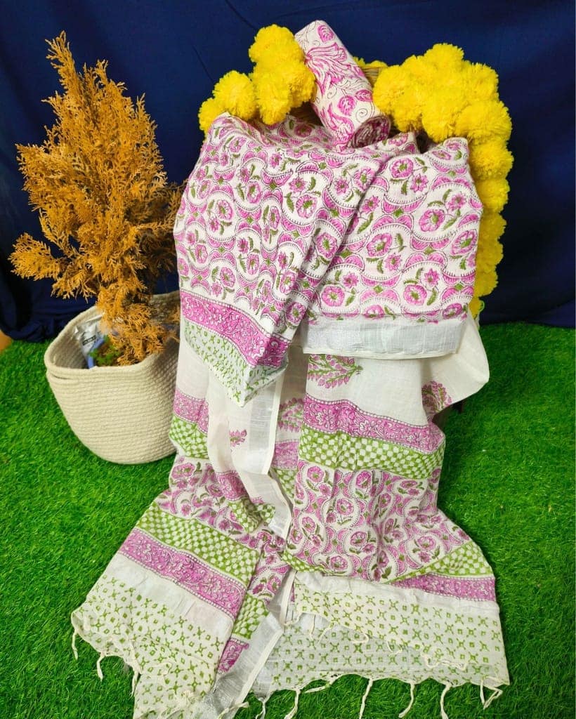 Linen Suit Set Off White Color with Cotton Bottom, Linen Top and Dupatta Handblock Printed-4954 view 2