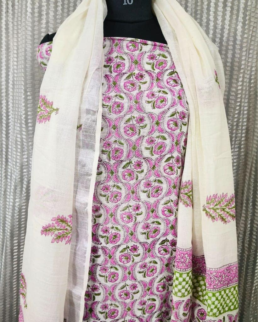Linen Suit Set Off White Color with Cotton Bottom, Linen Top and Dupatta Handblock Printed-4954 view 5