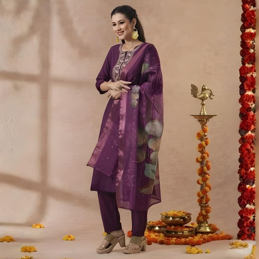 FreHee Women's Wine Magic Cotton Embroidered Kurta Pant Set with Digital Printed Chanderi Dupatta view 2