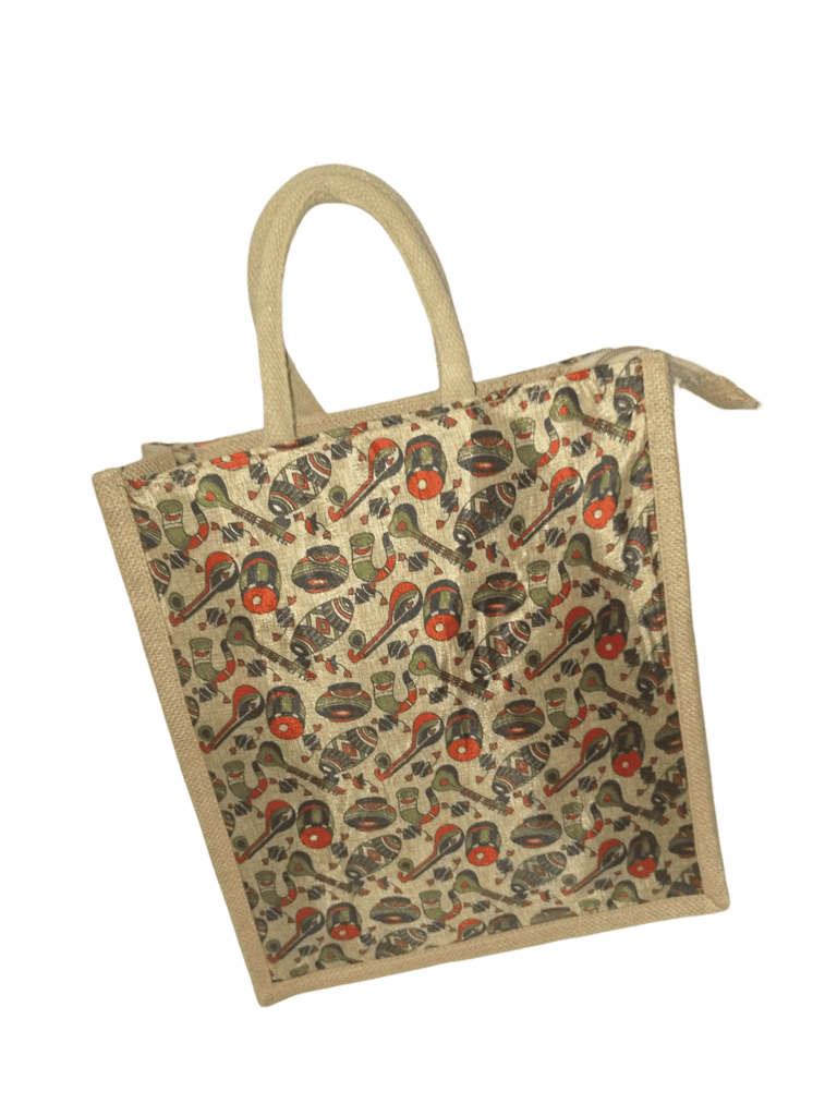 Jute Lunch Bag with Colorful Indian Musical Instruments Design (Large) view 4
