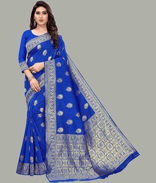 GARIYA Banarasi Silk Embellished Saree With Unstitched Blouse Piece ( Blue )