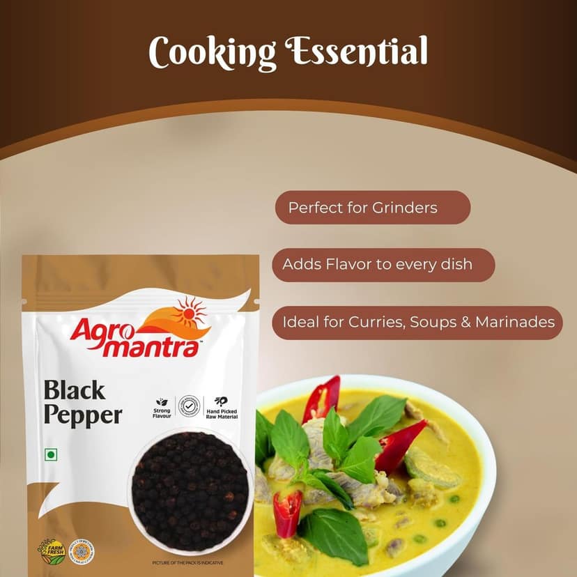 Agro Mantra Black Pepper | Sourced from Kerala | Robust Flavor & Intense Aroma | Perfect for Curries, Soups, Marinades & Chaat Masala | Vegetarian & Preservative-Safe view 2