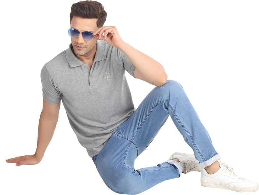 BLUEFICUS Men Solid Polo Neck Pure Cotton T-Shirt (Dark Grey) view 5