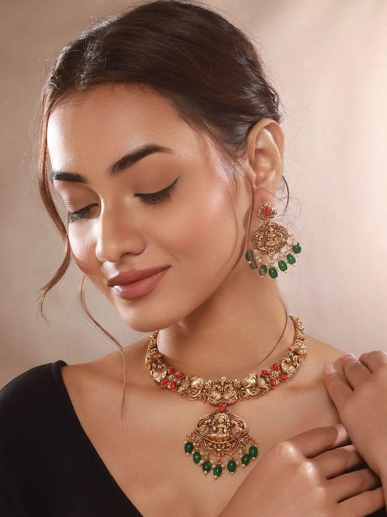 Gold Polish Red Coral Studded Lakshmiji Temple Necklace Jewellery Set view 2