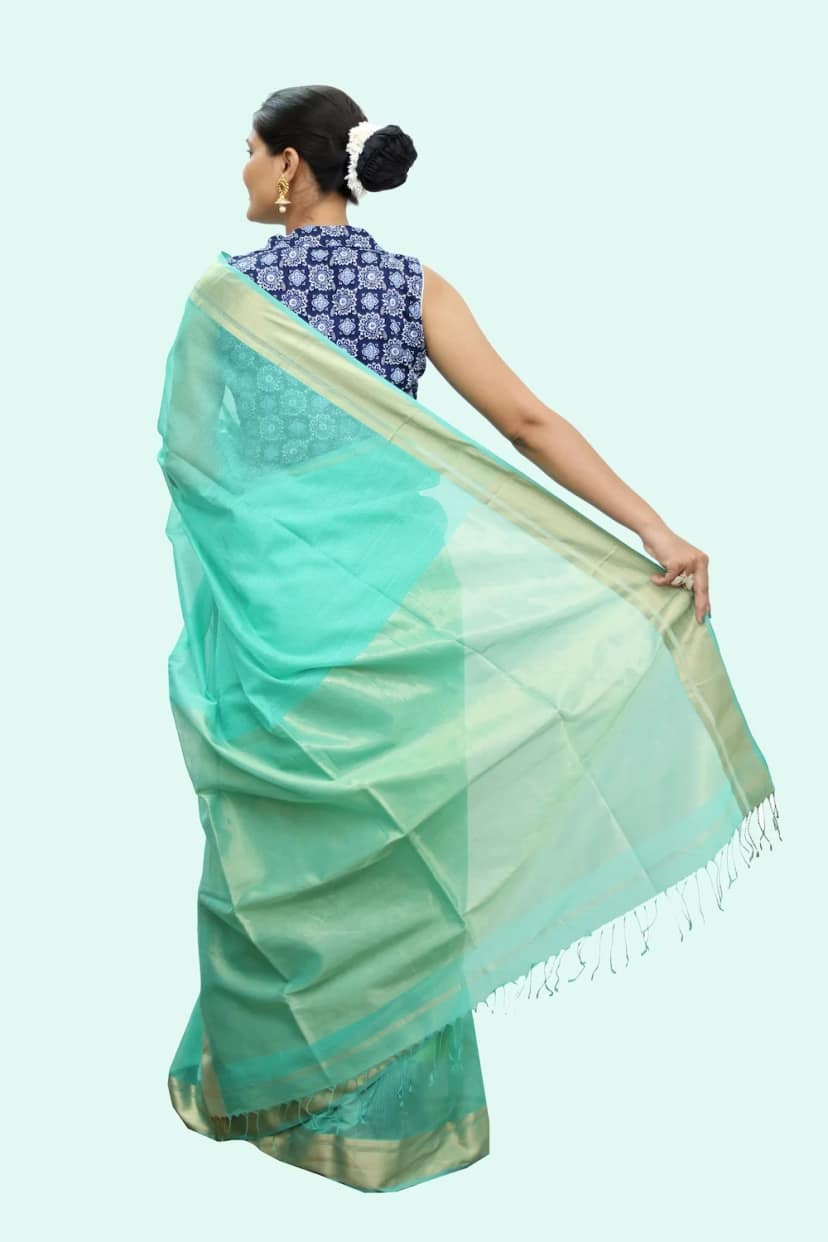 Attractive Maheshwari handloom Tissue Saree with Tassels – Pastel Blue view 4