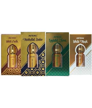 AFZAL SAFIRE WHITE OUDH, MUKHALLAT BADAR, LAYLATUL JUMA, WHITE MUSK ATTAR (COMBO PACK 6ML*4) ROLL-ON PERFUME OIL FOR MEN AND WOMEN