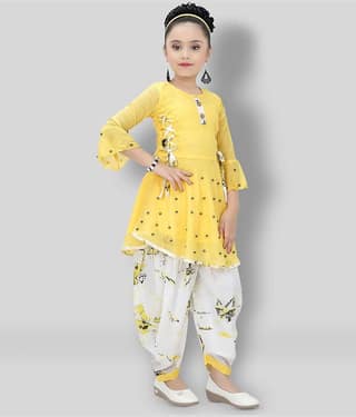 Arshia Fashions Girls Cotton Blend Patiala Kurta Set ( Pack of 1 , Yellow )