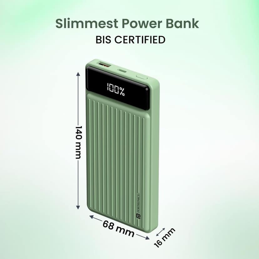 Portronics Luxcell B 10K 10000 mAh 22.5W Fast Charging Power Bank, Ultra Slim Power Bank with Mach USB-A Output, Type C PD Output, Type C Input, Wake Up Button(Green)