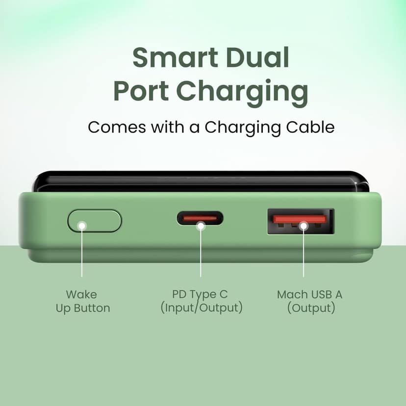 Portronics Luxcell B 10K 10000 mAh 22.5W Fast Charging Power Bank, Ultra Slim Power Bank with Mach USB-A Output, Type C PD Output, Type C Input, Wake Up Button(Green) view 3