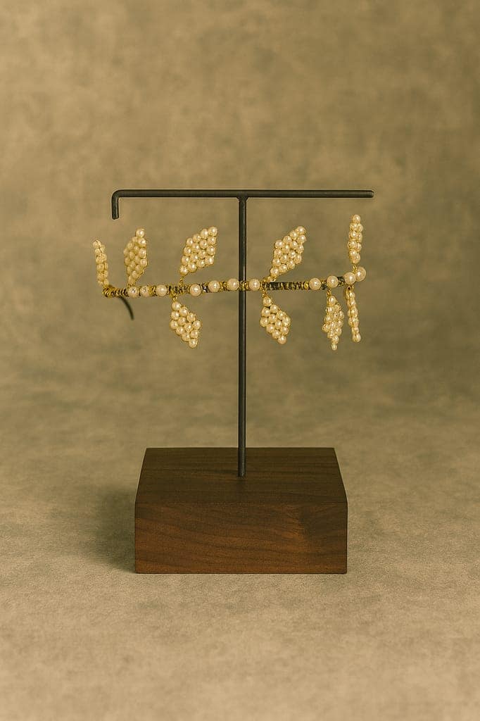 Elegant Pearl & Gold Leaf Bridal Hair Tiara Headband view 2