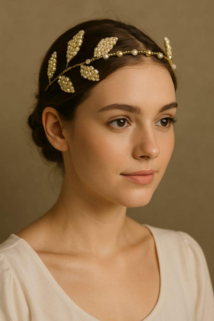 Elegant Pearl & Gold Leaf Bridal Hair Tiara Headband view 3