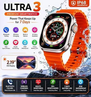 Ultra 3 Premium Smartwatch, 2.19 Inch HD Display, Bluetooth Calling, Wireless Charging, IP68 Waterproof, 7 Days Battery Life, 100+ Sports Modes
