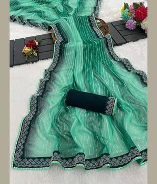 FABSILK Chiffon Striped Regular Saree With Unstitched Blouse Piece ( Green )