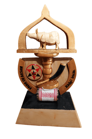 Handcrafted Wooden Pride of Assam Showpiece | Assamese Cultural Decorative Artifact | Rhino, Pepa & Dhol