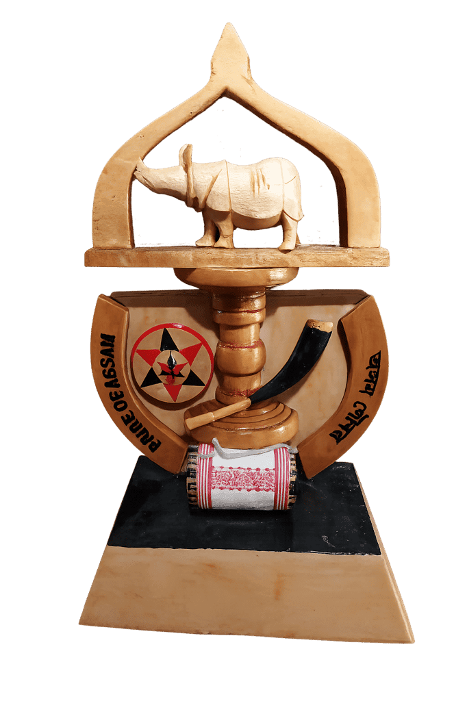 Handcrafted Wooden Pride of Assam Showpiece | Assamese Cultural Decorative Artifact | Rhino, Pepa & Dhol