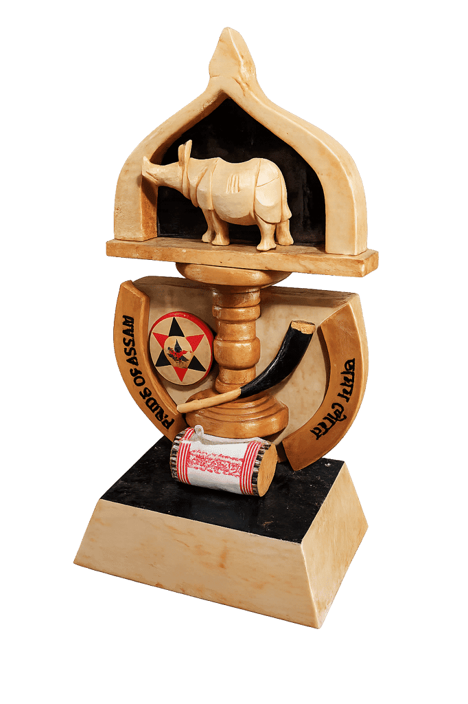 Handcrafted Wooden Pride of Assam Showpiece | Assamese Cultural Decorative Artifact | Rhino, Pepa & Dhol view 2
