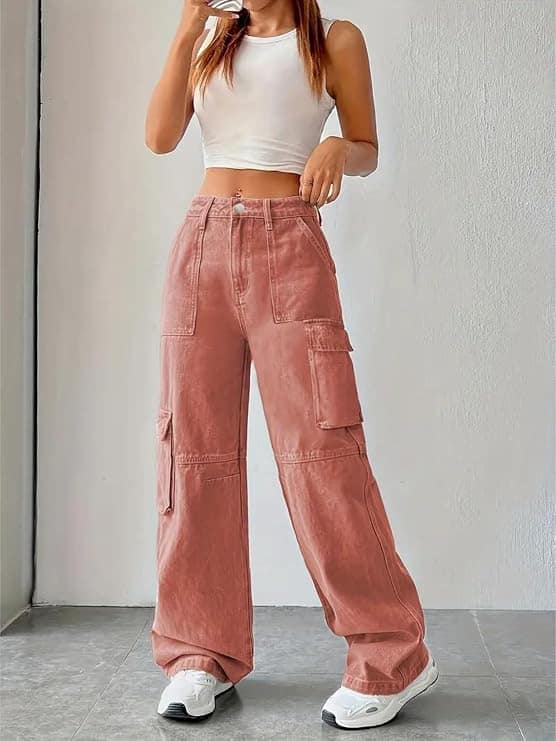 Glossia Fashion Women Cargo Jeans | High Waist Stretchable Wide Leg Straight Fit Denim| Boyfriend Jeans for Women - Orange, 38 view 2