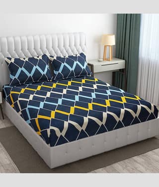 SHOMES Cotton Floral Fitted 1 Bedsheet with 2 Pillow Covers ( Double Bed ) - Navy