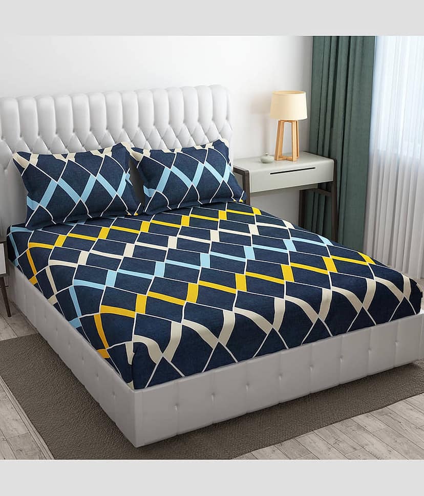 SHOMES Cotton Floral Fitted 1 Bedsheet with 2 Pillow Covers ( Double Bed ) - Navy
