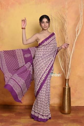 Mastaani ~ Handblock Printed Cotton Saree With Natural Dyes - White