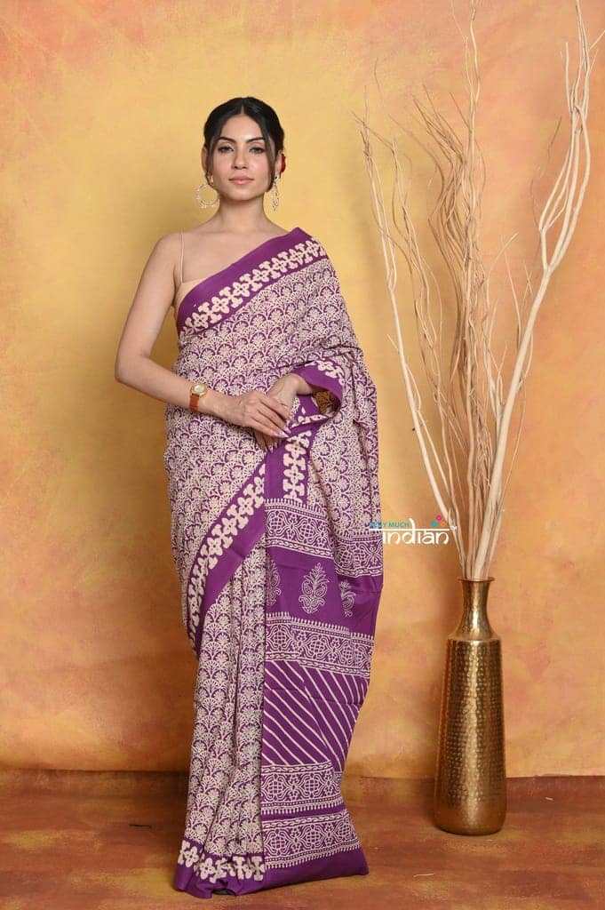 Mastaani ~ Handblock Printed Cotton Saree With Natural Dyes - White view 2