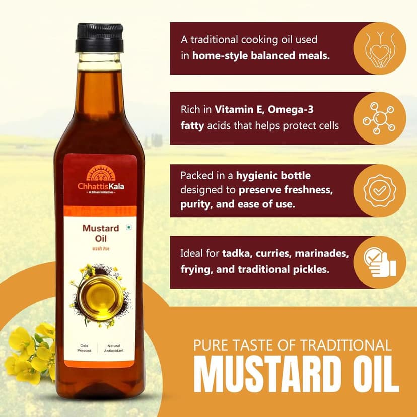 Chhattiskala A Bihan Initiative Pure Mustard Oil 1 Litre - Kachi Ghani Cold Pressed, No Artificial Additives, Bold Flavour for Traditional Cooking & Pickles view 6