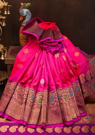 Bright Pink Gadwal Silk Saree with Purple Meenakari Border | SILK MARK CERTIFIED