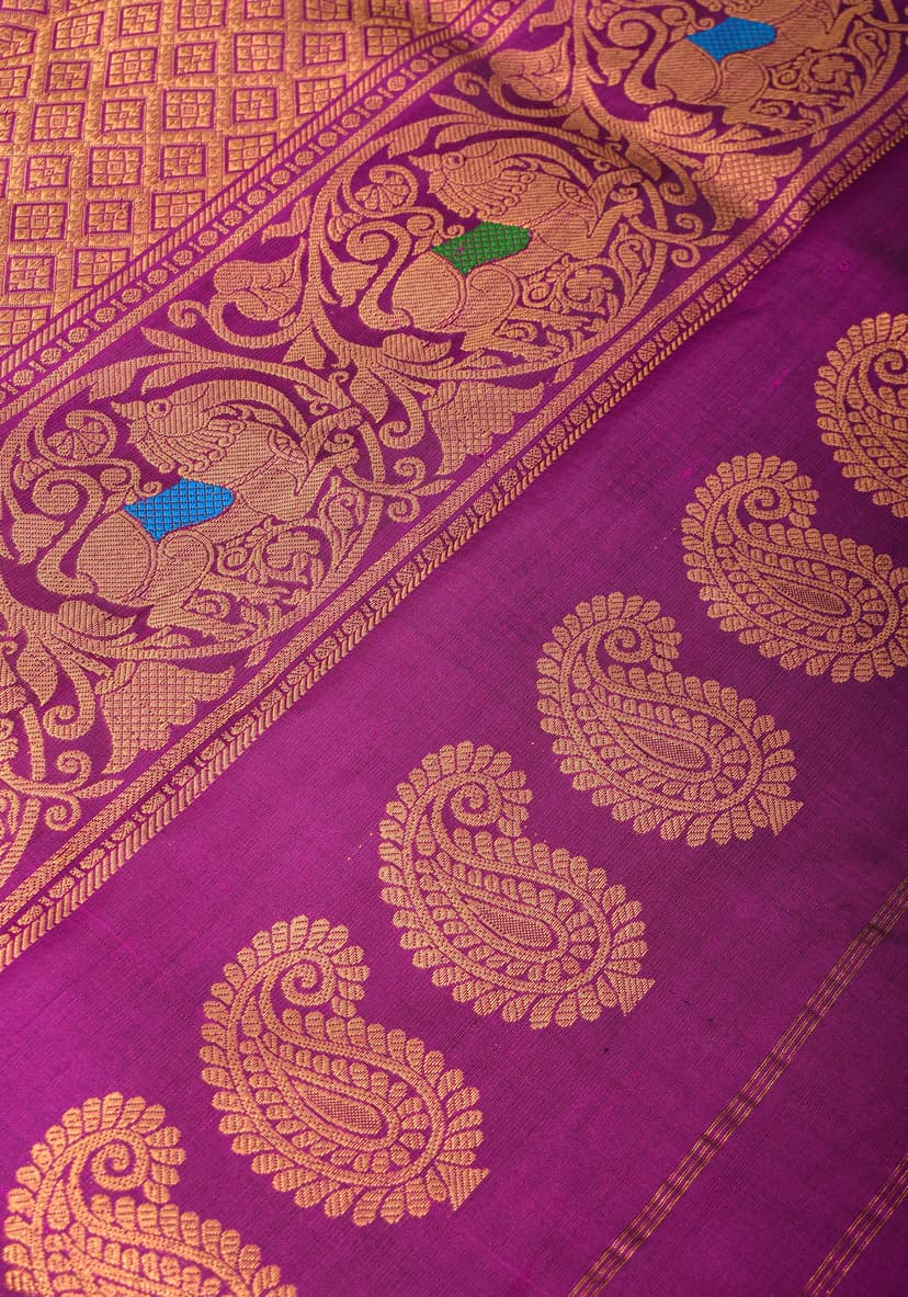 Bright Pink Gadwal Silk Saree with Purple Meenakari Border | SILK MARK CERTIFIED view 2