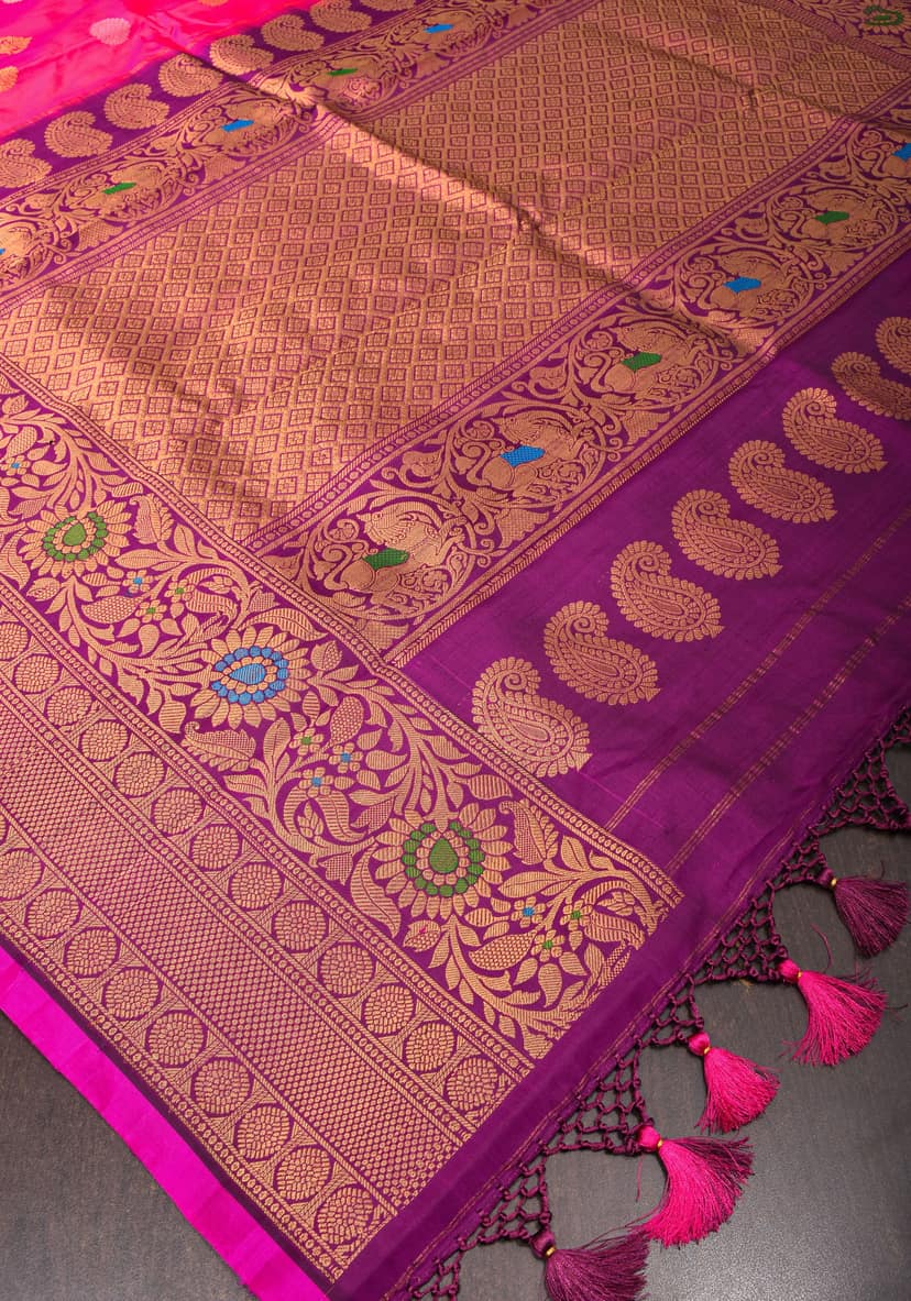 Bright Pink Gadwal Silk Saree with Purple Meenakari Border | SILK MARK CERTIFIED view 6