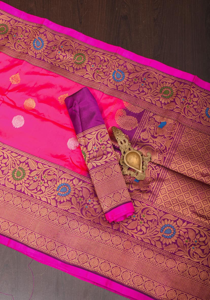 Bright Pink Gadwal Silk Saree with Purple Meenakari Border | SILK MARK CERTIFIED view 8