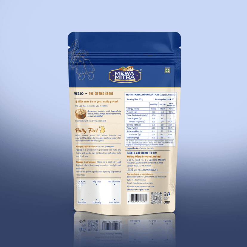 Mewa Mitra Prime Cashews W210 250g | Premium Jumbo Whole Kaju | Natural High Protein Dry Fruits view 2