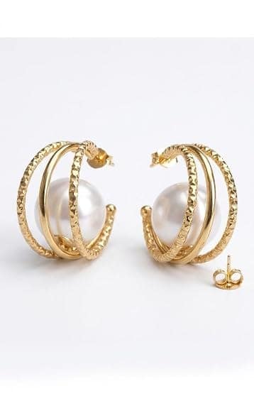 Gold Plated Multi-Layer Hoop Earrings with Large White Pearls