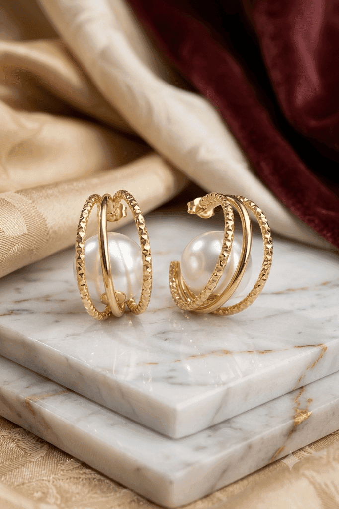 Gold Plated Multi-Layer Hoop Earrings with Large White Pearls view 2