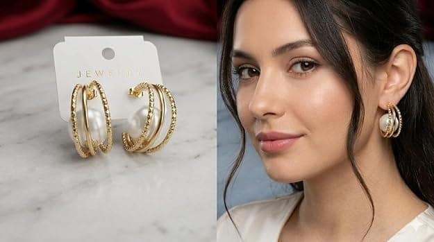 Gold Plated Multi-Layer Hoop Earrings with Large White Pearls view 5