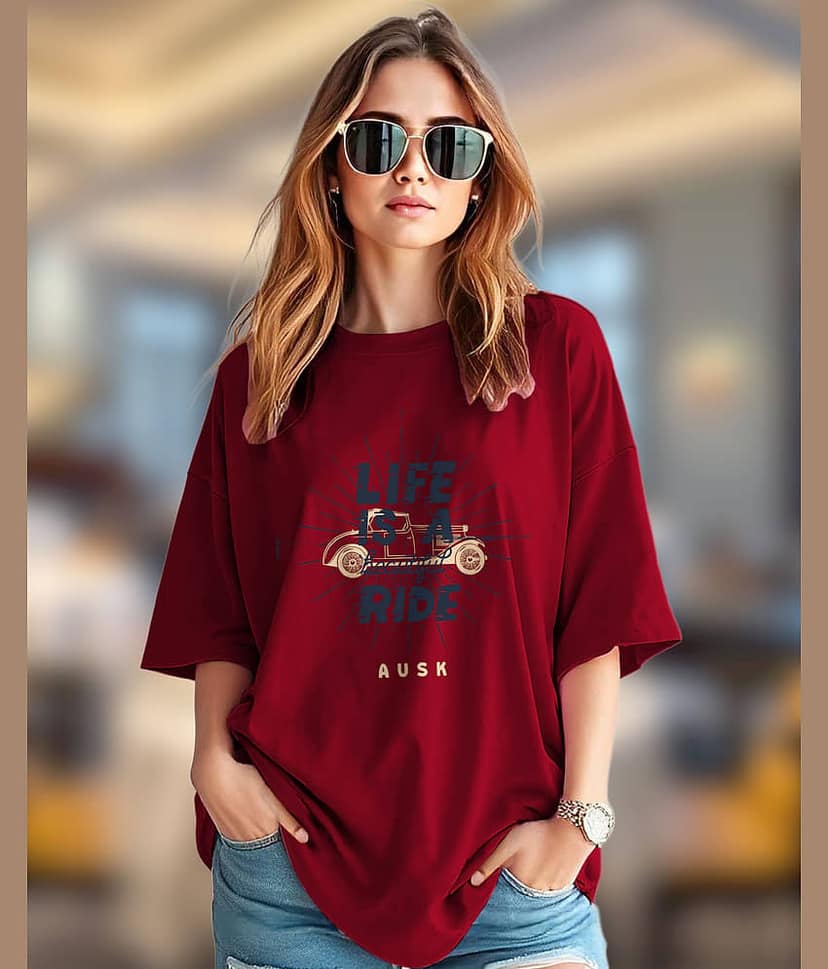 AUSK Women Cotton Blend Printed Oversized Fit Round Neck T-Shirt ( Maroon )