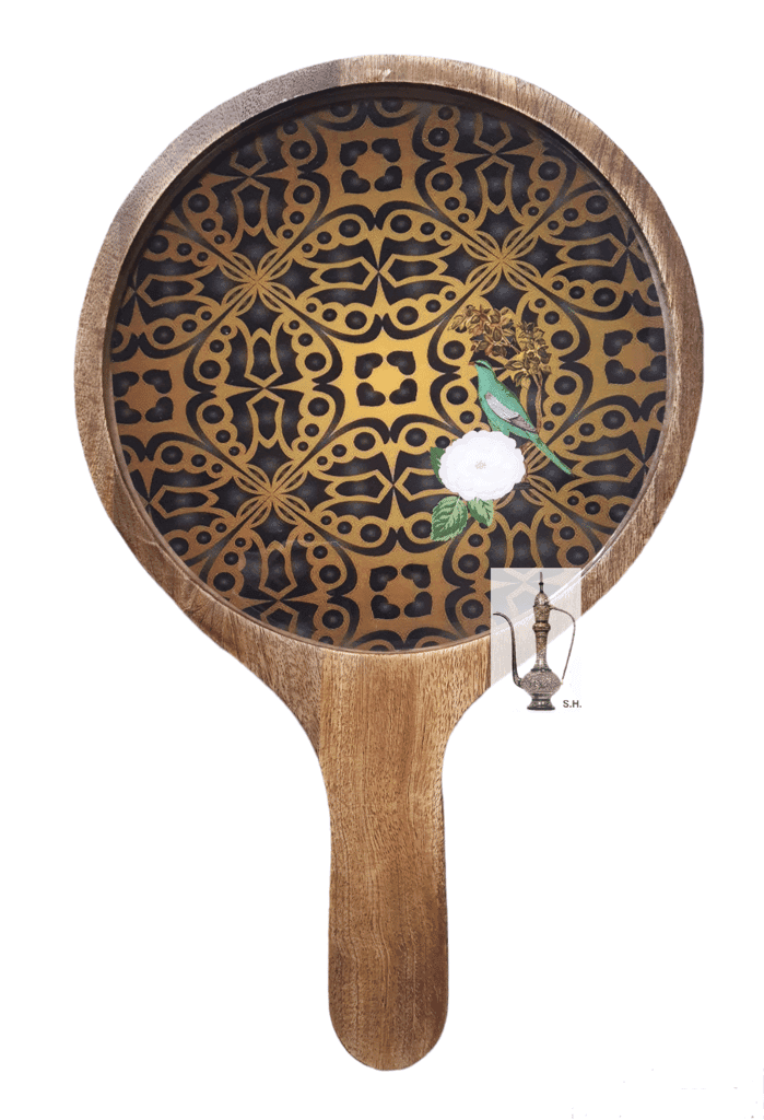 Sara Home Mango Wood Serving Pizza Platter/Chipdip/Dosa/Chees/Snacks Tray Printed Enamel Serving Platter with Handle Appetizer Plate Serving Platter view 2