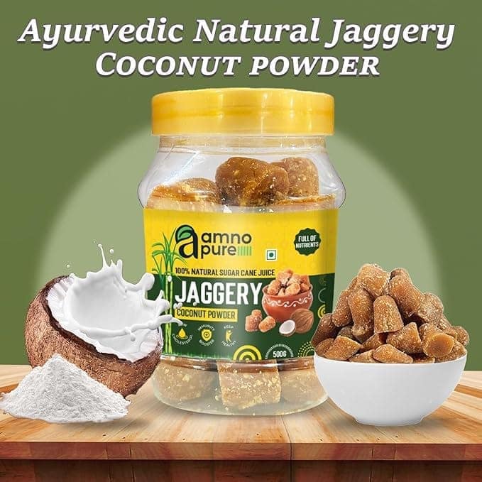 Amno Pure Natural Sugar Cane Jaggery 10G Cube with Coconut | Cholestrol free, Full of Nutrients & 100% Natural - 500G Pet Jar view 3