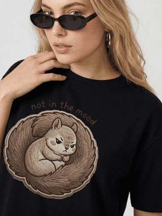 The Retro India Women’s Oversized Black Cotton T-Shirt Cute Squirrel “Not in the Mood” Graphic Print | Funny Aesthetic Tee | Trendy Loose Fit Casual Wear Tshirt for Women