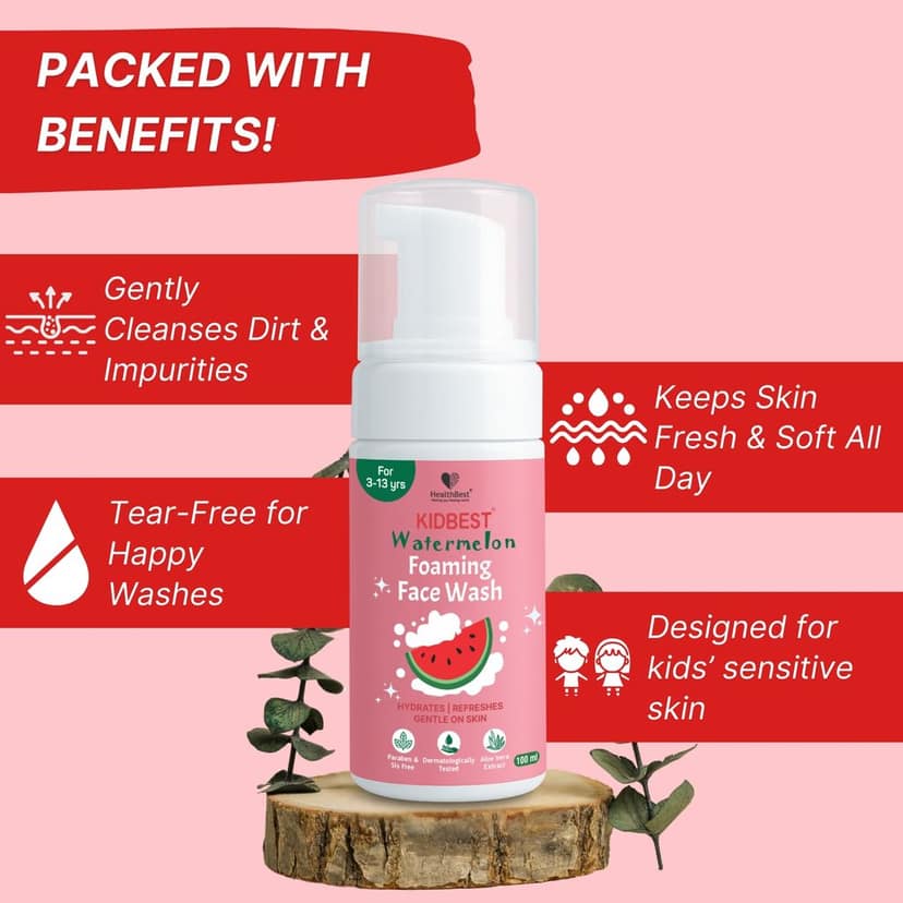 HealthBest Kids Foaming Face Wash - Watermelon & Aloe Vera - Boosts Vitamin C for Healthy Skin - Organic Gentle Cleanser for Baby & Teens, Tear-Free, Paraben-Free - 100 ml view 2