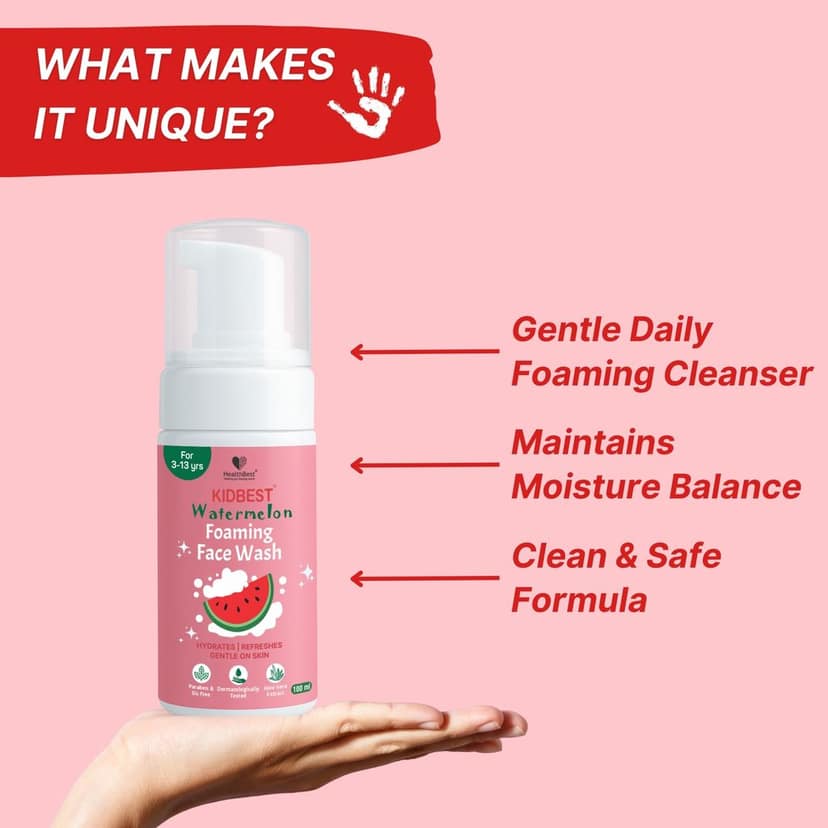 HealthBest Kids Foaming Face Wash - Watermelon & Aloe Vera - Boosts Vitamin C for Healthy Skin - Organic Gentle Cleanser for Baby & Teens, Tear-Free, Paraben-Free - 100 ml view 3