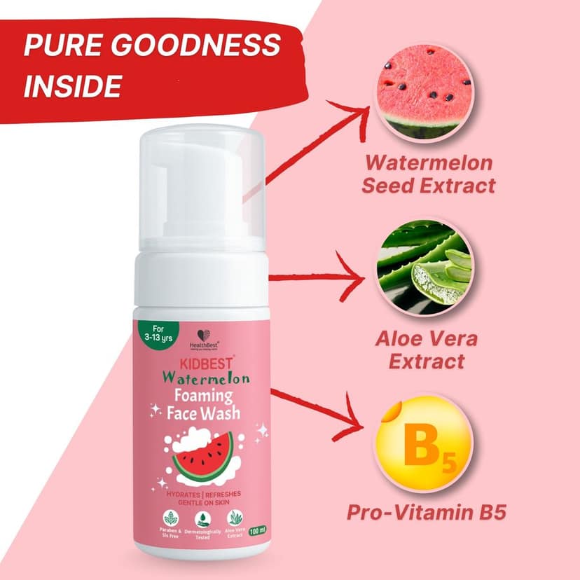 HealthBest Kids Foaming Face Wash - Watermelon & Aloe Vera - Boosts Vitamin C for Healthy Skin - Organic Gentle Cleanser for Baby & Teens, Tear-Free, Paraben-Free - 100 ml view 4