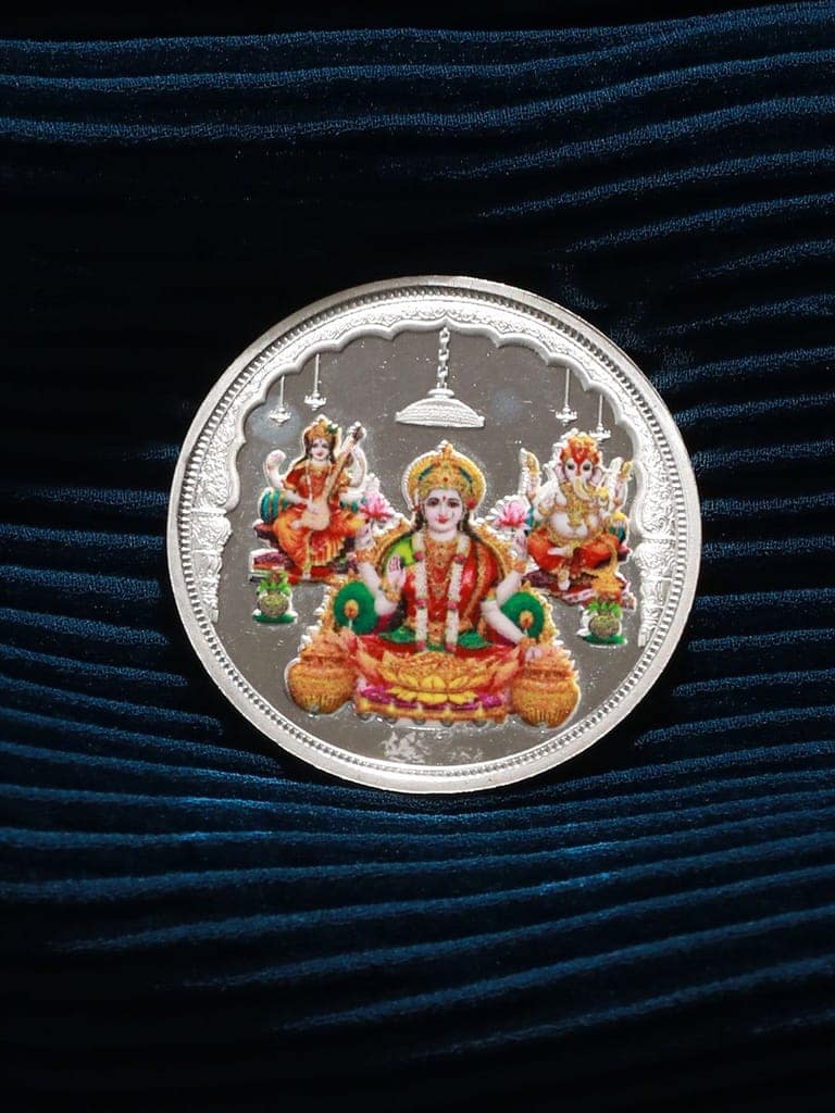 Set Of 2 Red Gold BHAI Thread Rakhi With 999 Silver Lord Ganesha & Goddess Lakshmi & Saraswatiji 10 gram Silver Coin view 2