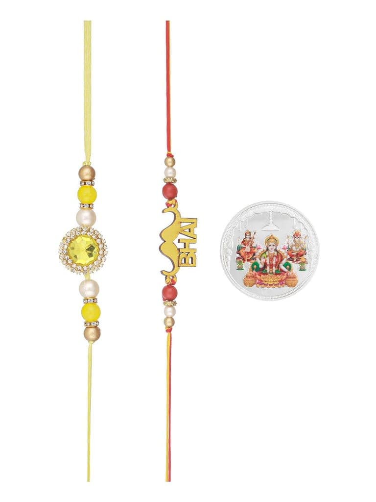 Set Of 2 Red Gold BHAI Thread Rakhi With 999 Silver Lord Ganesha & Goddess Lakshmi & Saraswatiji 10 gram Silver Coin view 7