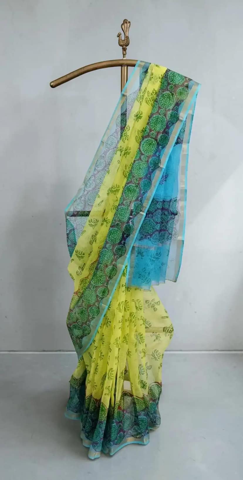 Handwoven Kota Doria Block-Print Saree in Green and Blue view 3