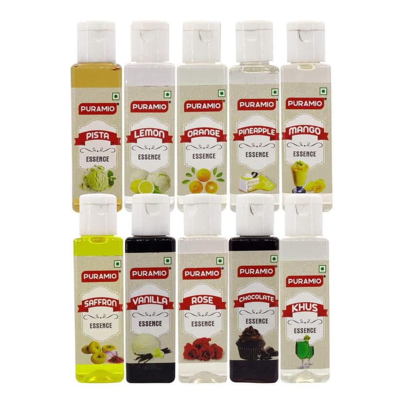 Puramio Culinary Food Essence Flavors (Vanilla, Rose, Pineapple, Orange, Lemon, Khus, Saffron, Pista, Mango, Chocolate), 30 ml Each - Pack of 10